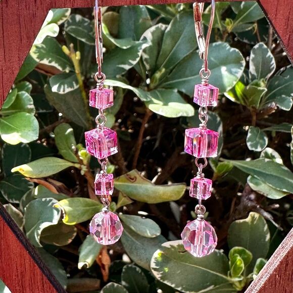 Sterling silver pink Swarovski crystal drop earrings - Picture 4 of 8